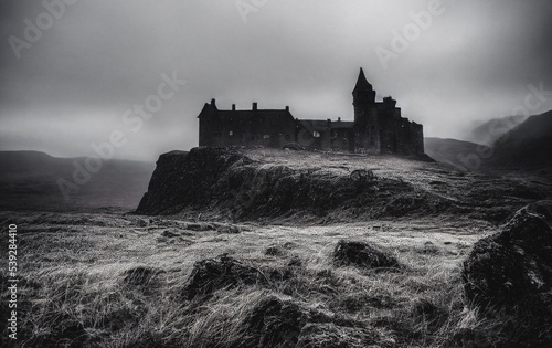 Medieval castle on top of a hill in a desolate landscape