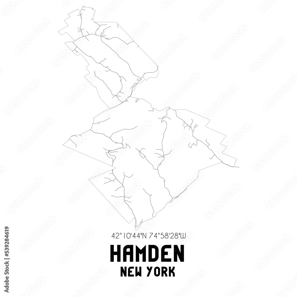 Hamden New York. US street map with black and white lines.