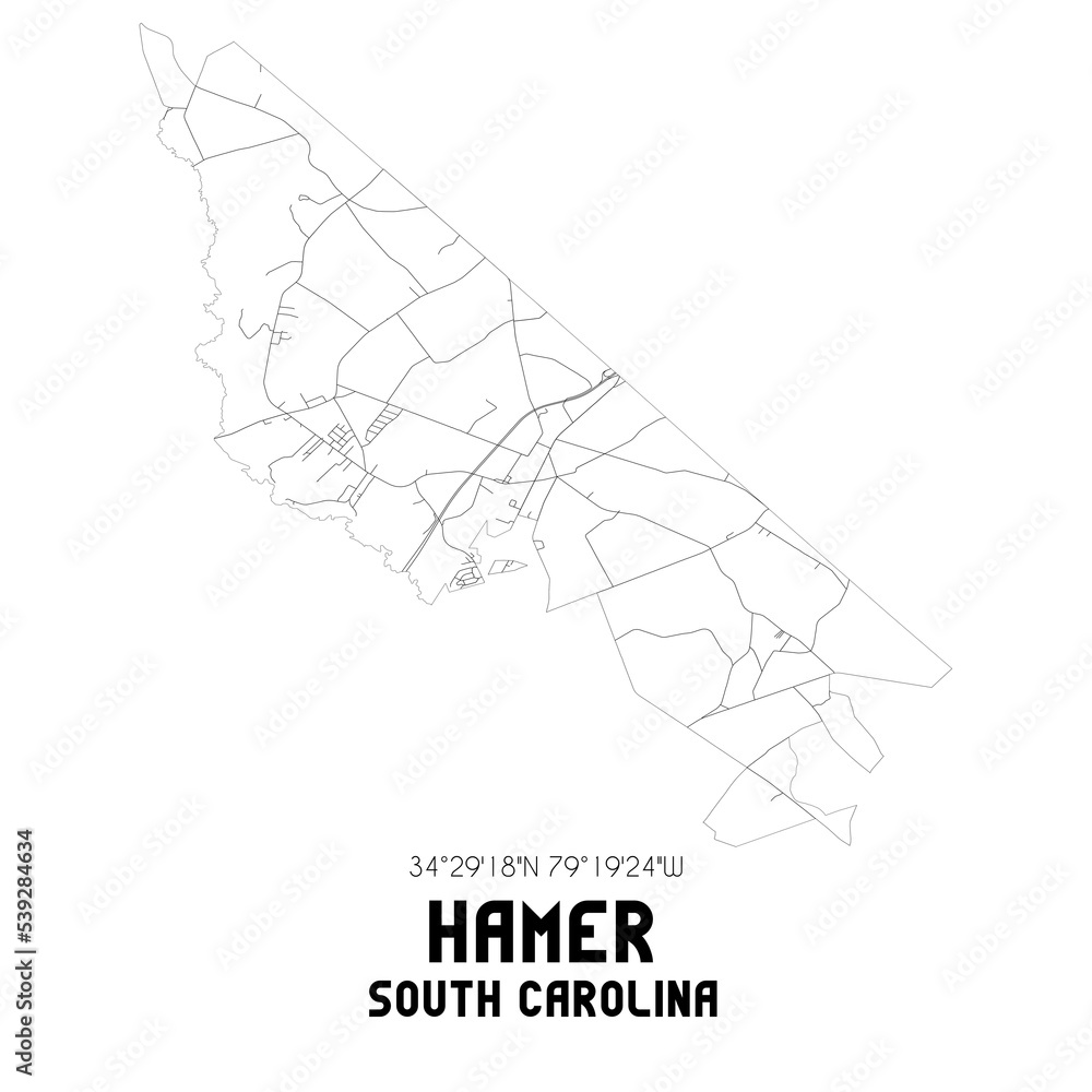 Hamer South Carolina. US street map with black and white lines. Stock