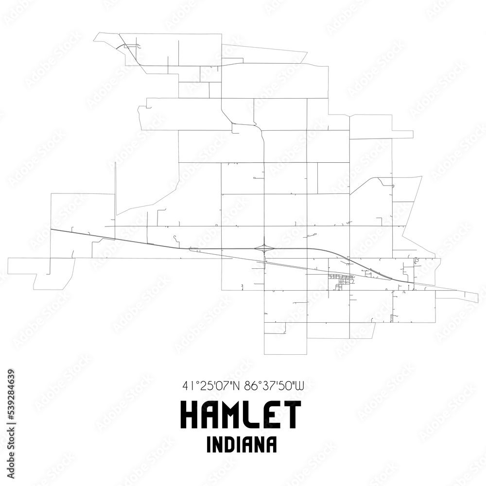 Hamlet Indiana. US street map with black and white lines.