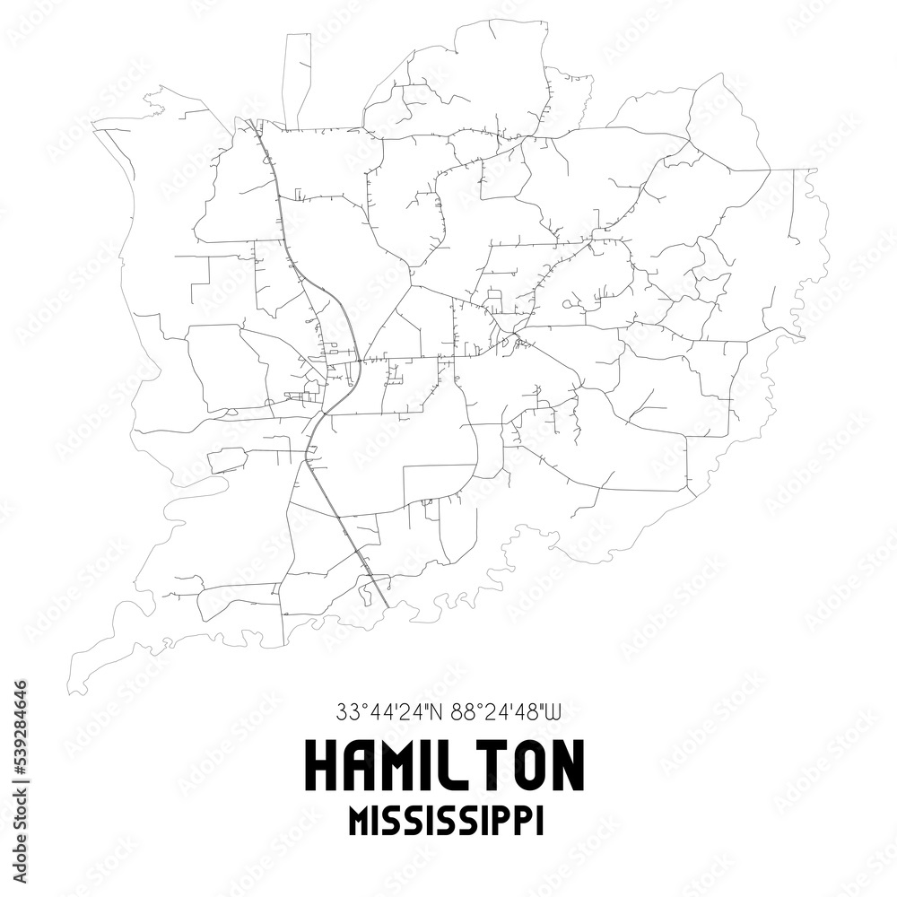 Hamilton Mississippi. US street map with black and white lines.