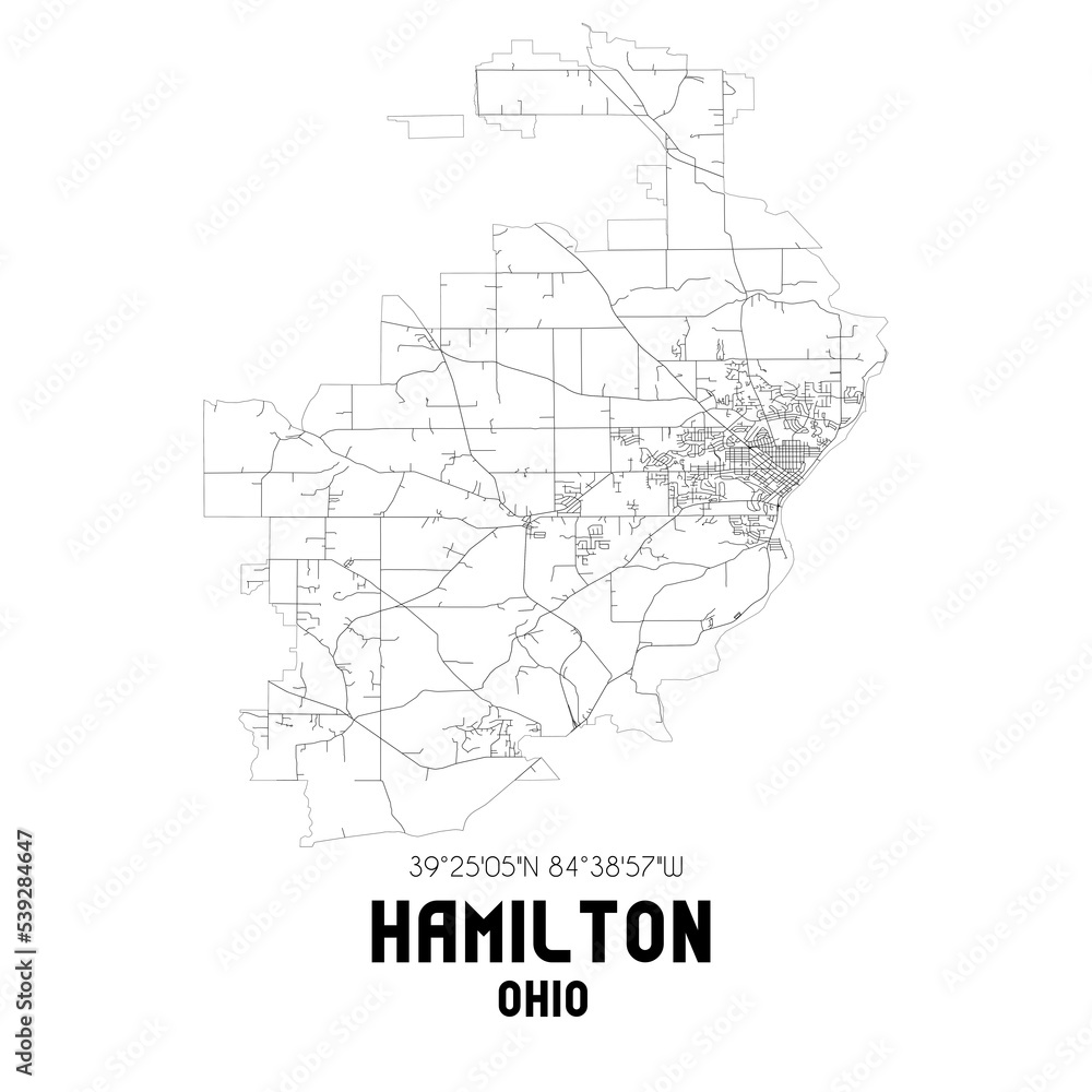 Hamilton Ohio. US street map with black and white lines.