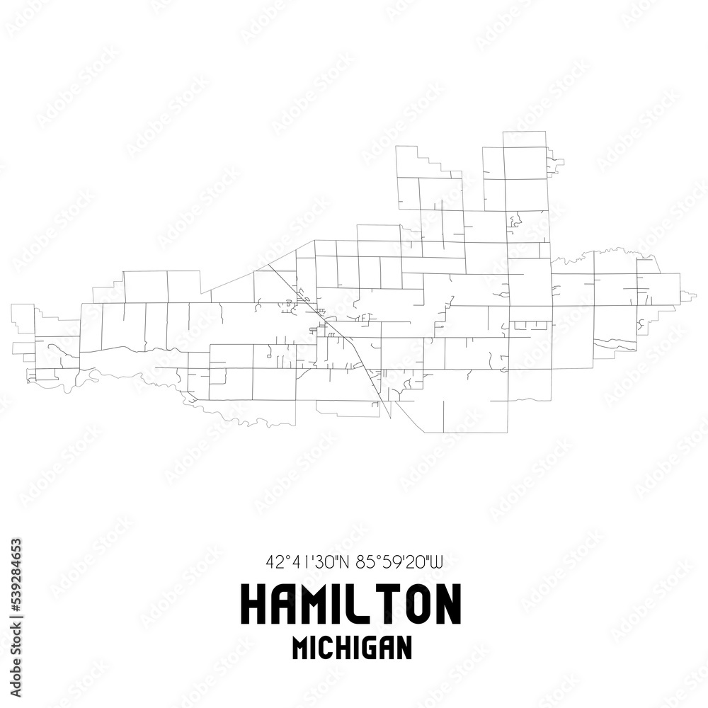 Hamilton Michigan. US street map with black and white lines.