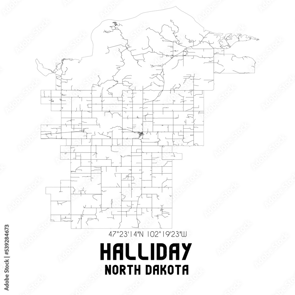 Halliday North Dakota. US street map with black and white lines.
