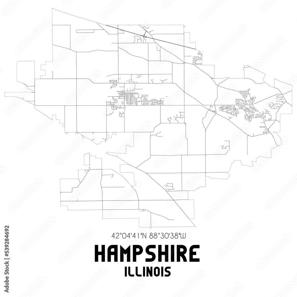 Hampshire Illinois. US street map with black and white lines.