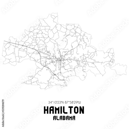 Hamilton Alabama. US street map with black and white lines.