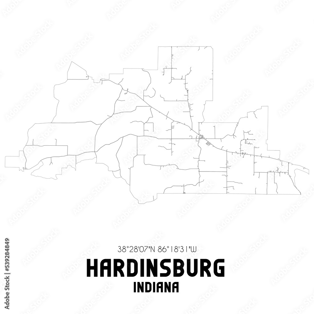 Hardinsburg Indiana. US street map with black and white lines.