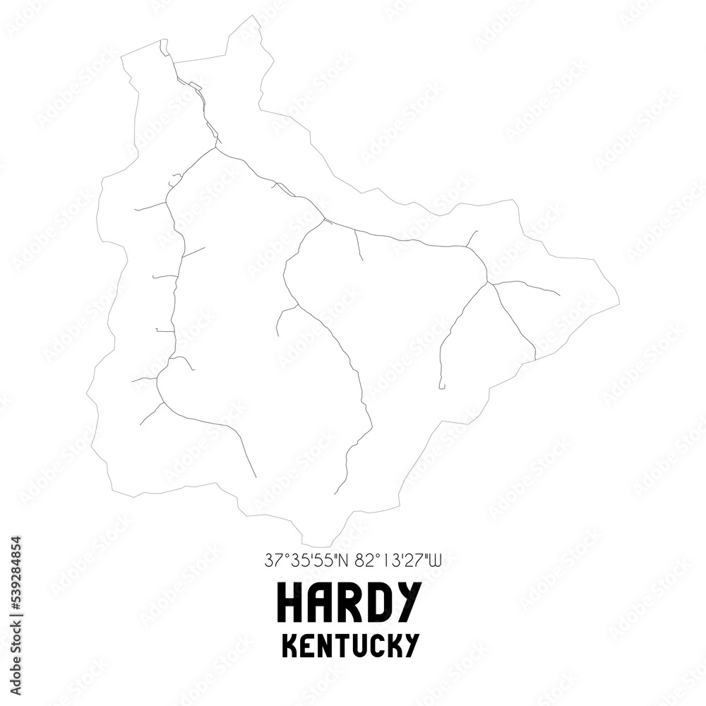 Hardy Kentucky. US street map with black and white lines.