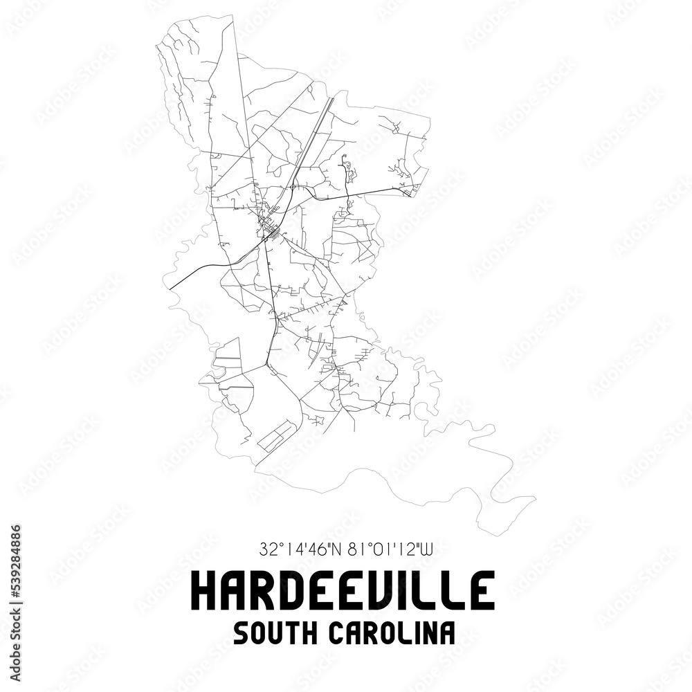 Fototapeta premium Hardeeville South Carolina. US street map with black and white lines.