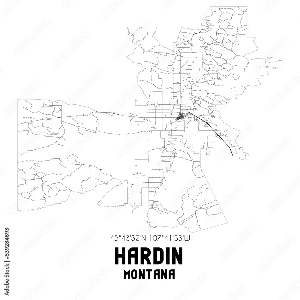 Hardin Montana. US street map with black and white lines. Stock