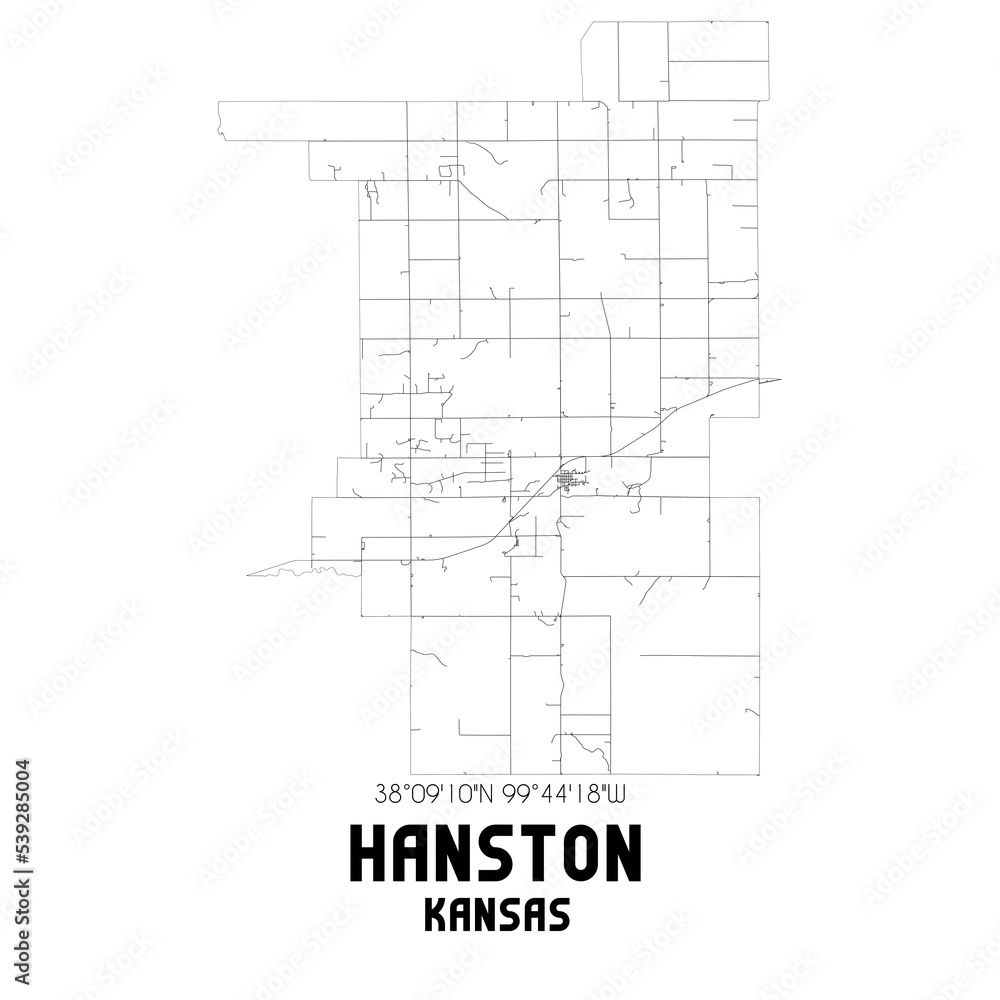 Hanston Kansas. US street map with black and white lines.