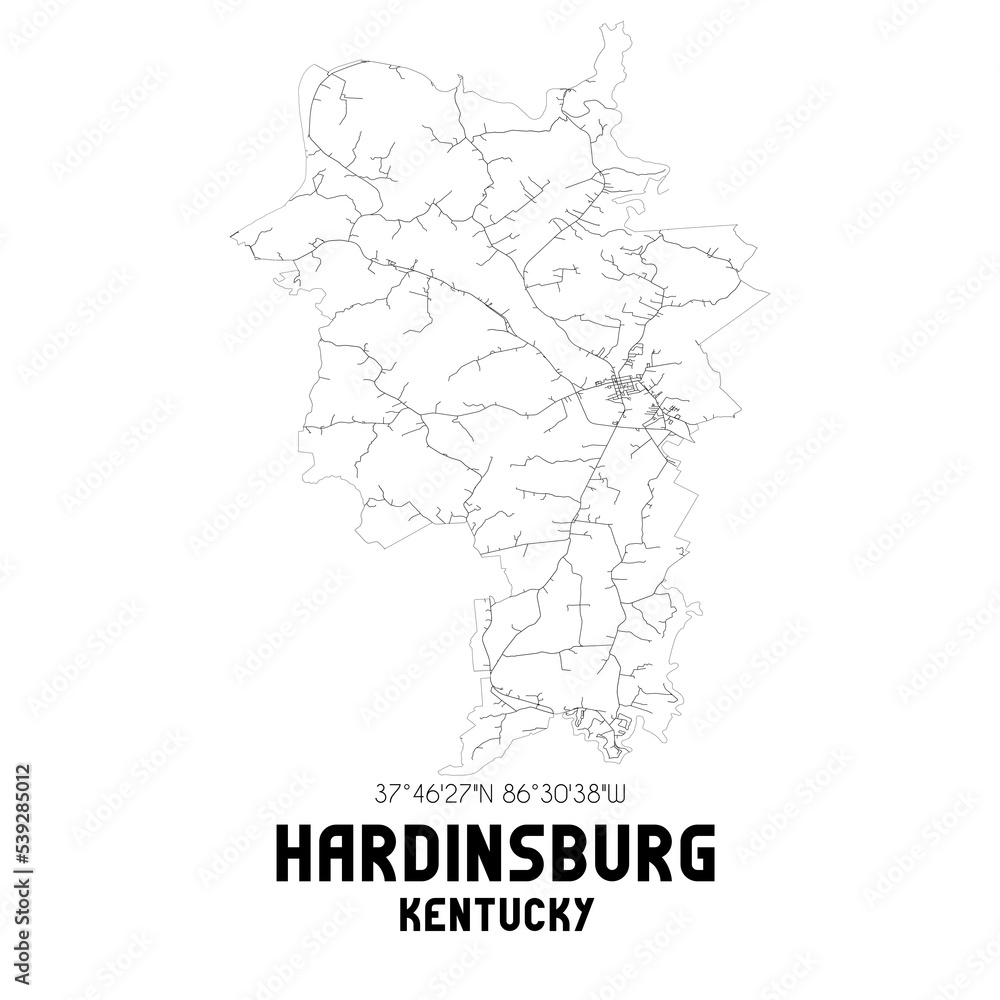 Hardinsburg Kentucky. US street map with black and white lines.
