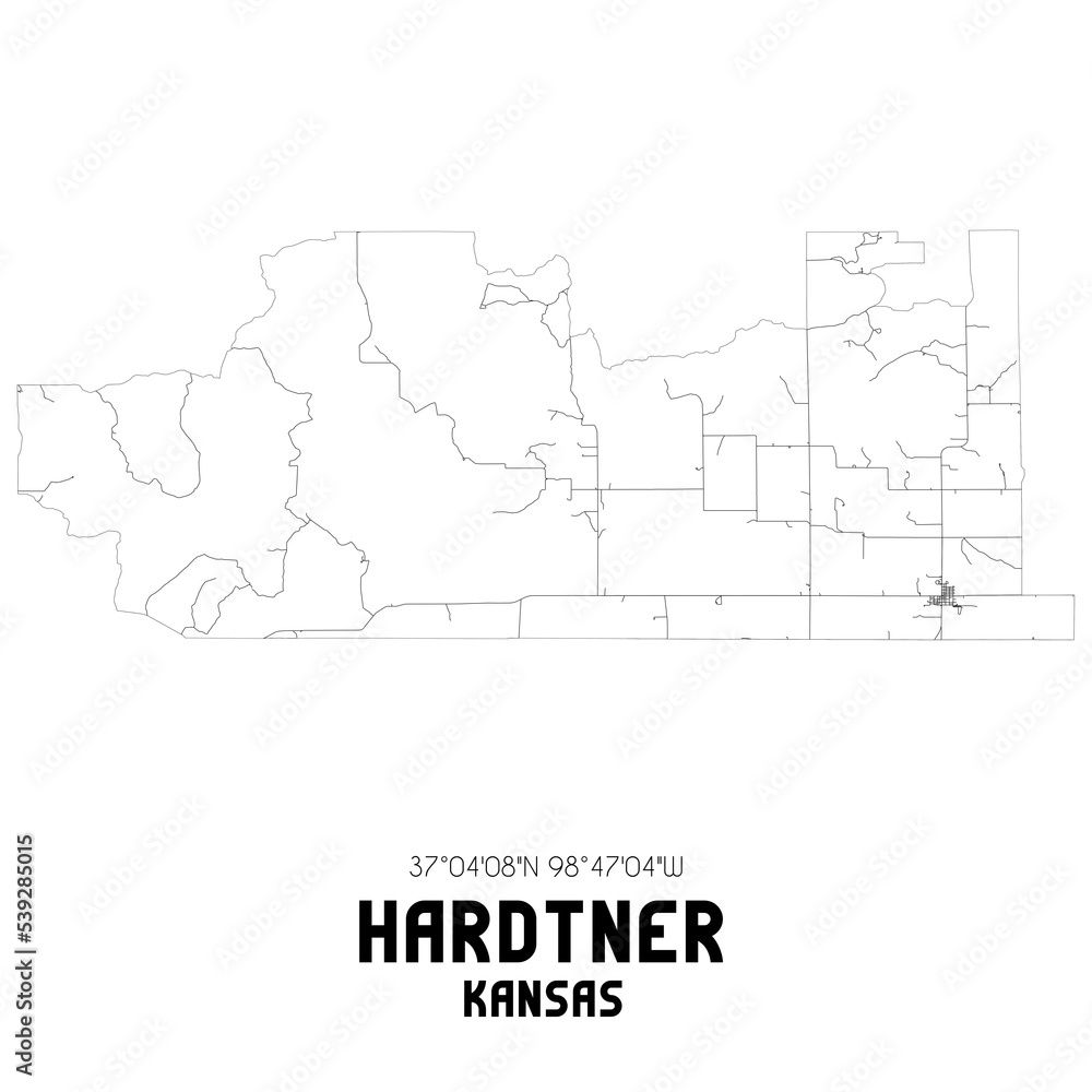 Hardtner Kansas. US street map with black and white lines.