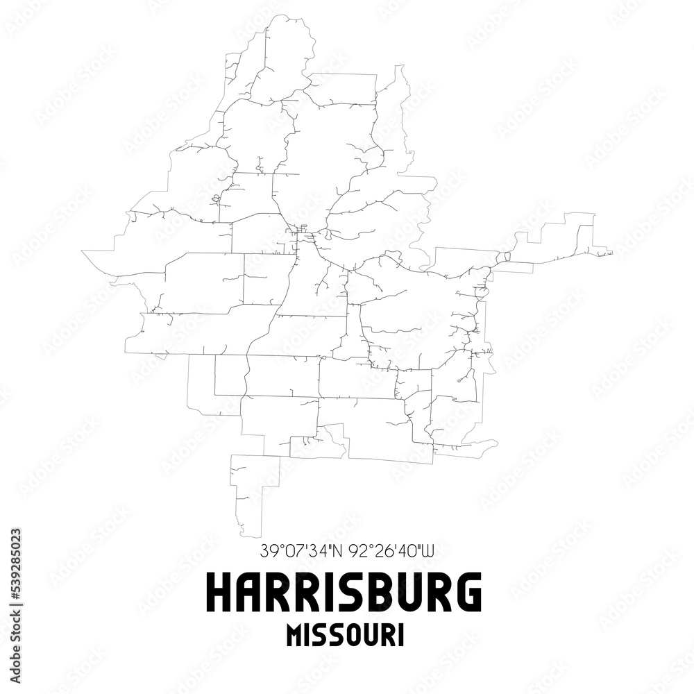 Harrisburg Missouri. US street map with black and white lines.