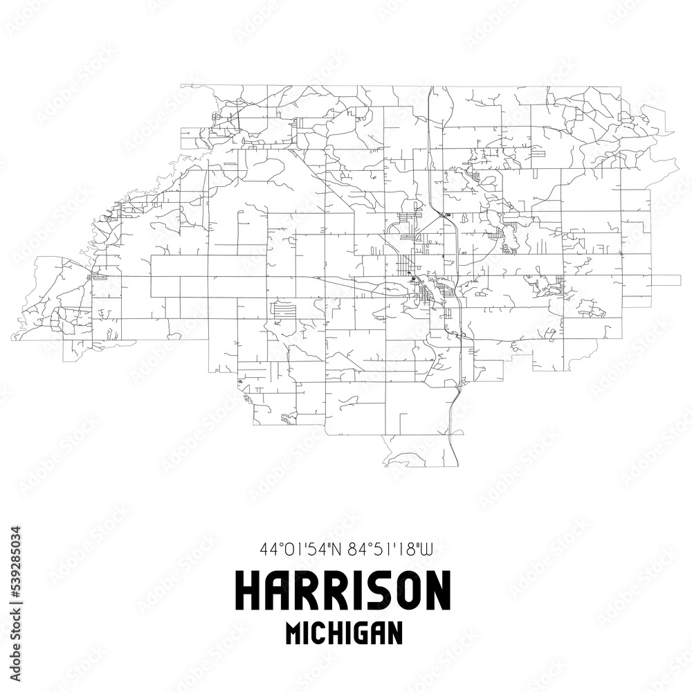 Harrison Michigan. US street map with black and white lines.