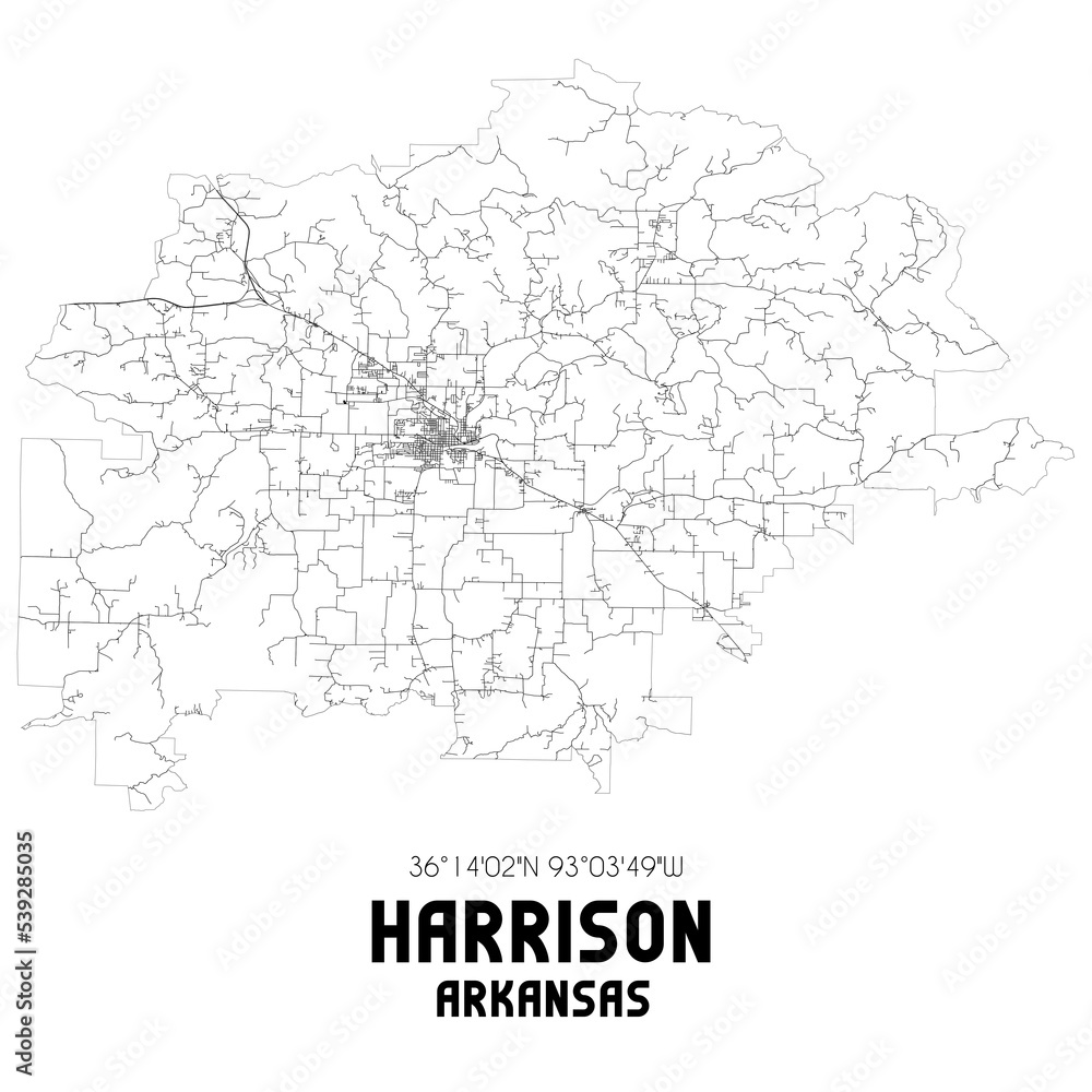 Harrison Arkansas. US street map with black and white lines.