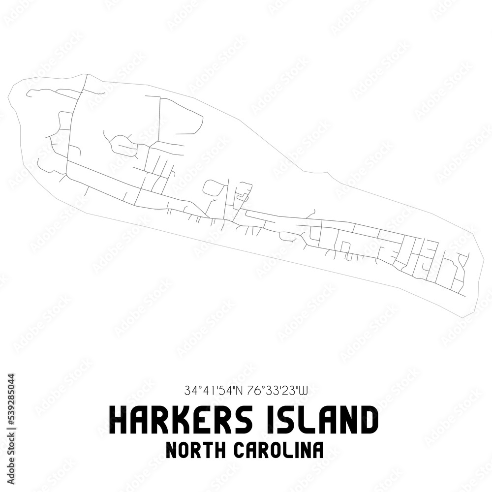 Harkers Island North Carolina. US street map with black and white lines.