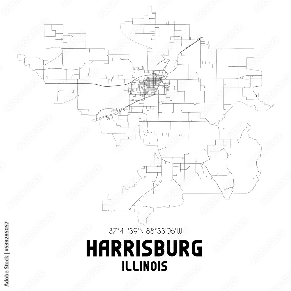 Harrisburg Illinois. US street map with black and white lines.