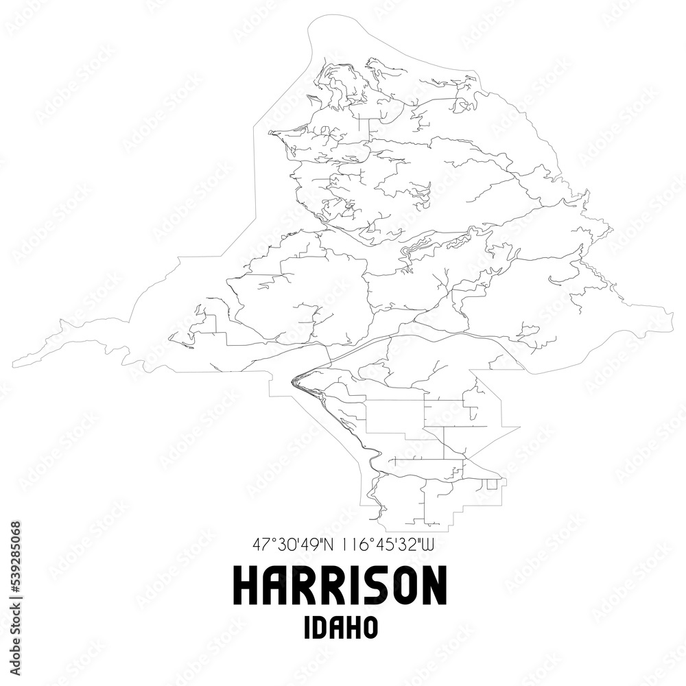 Harrison Idaho. US street map with black and white lines.