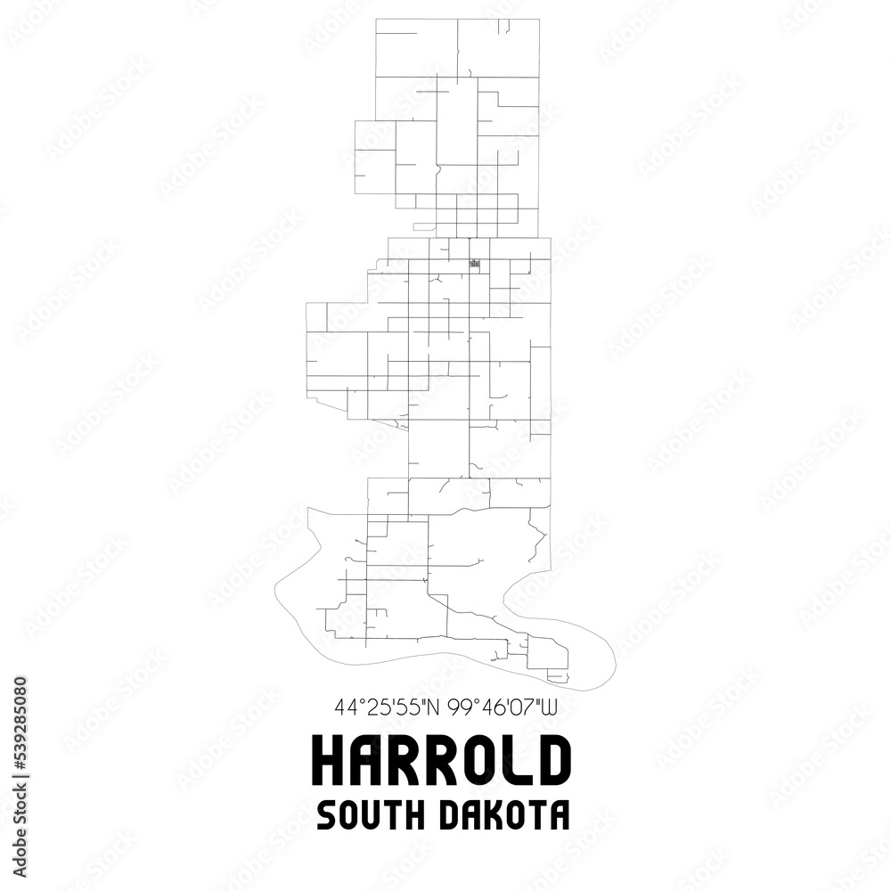 Harrold South Dakota. US street map with black and white lines.
