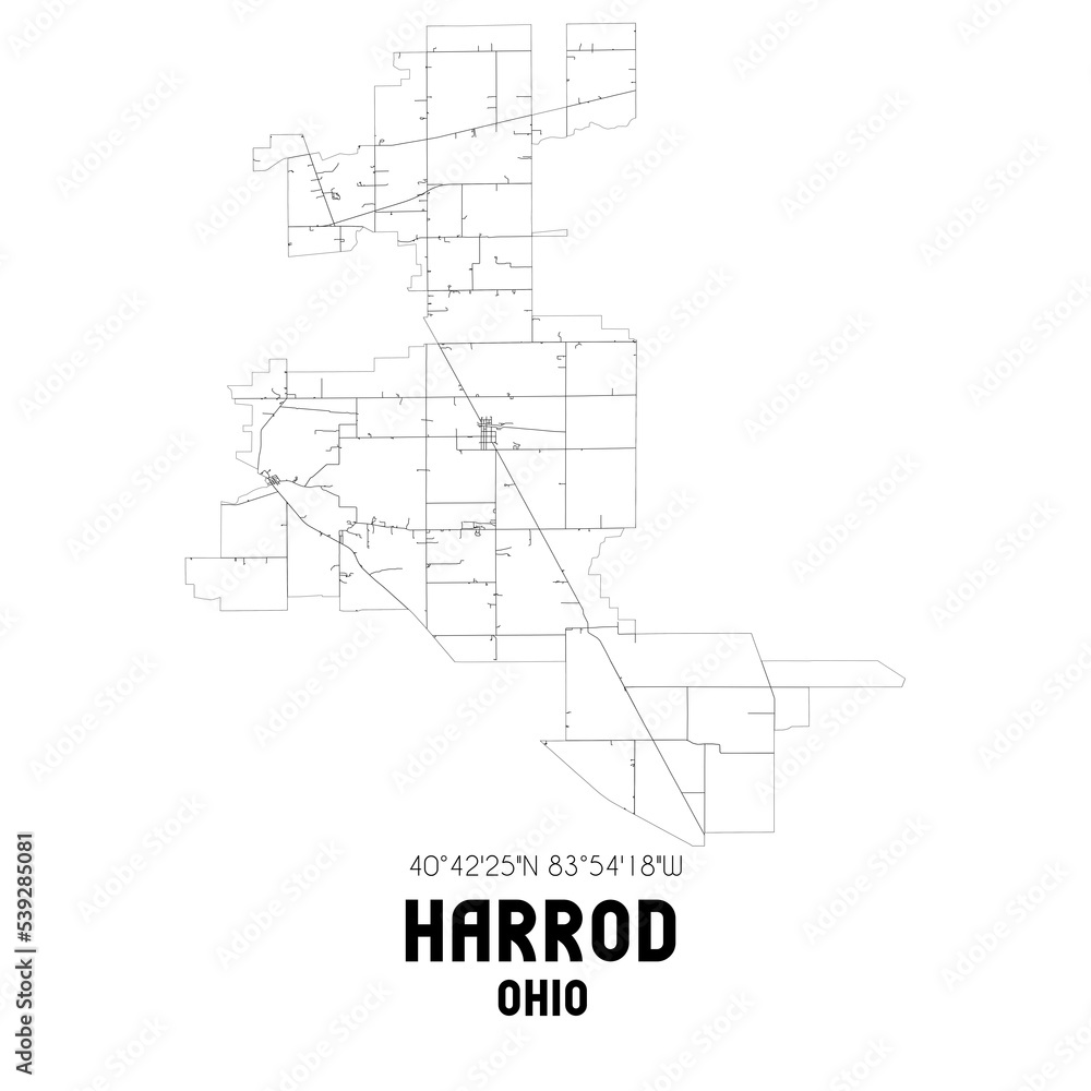 Harrod Ohio. US street map with black and white lines.