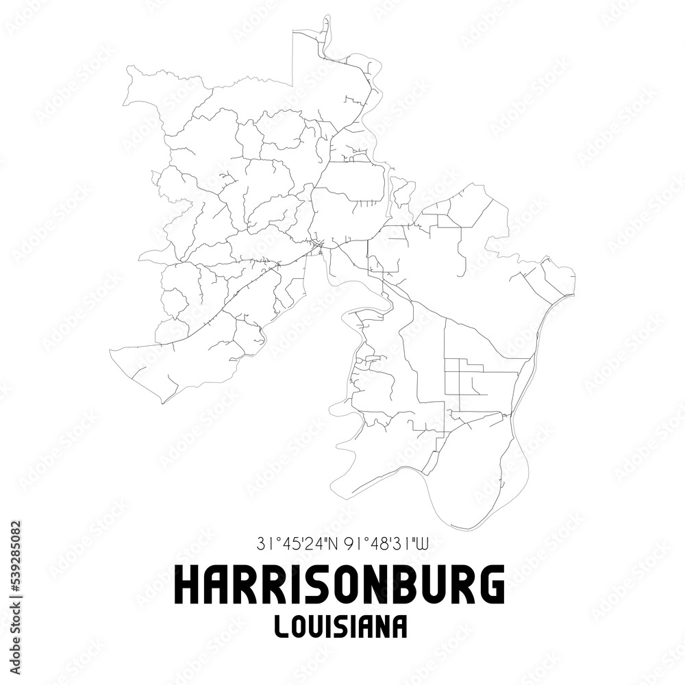 Harrisonburg Louisiana. US street map with black and white lines.