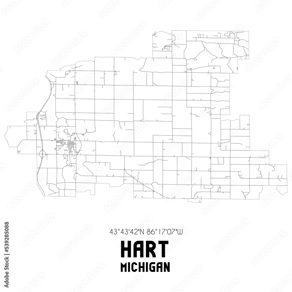 Hart Michigan. US street map with black and white lines.