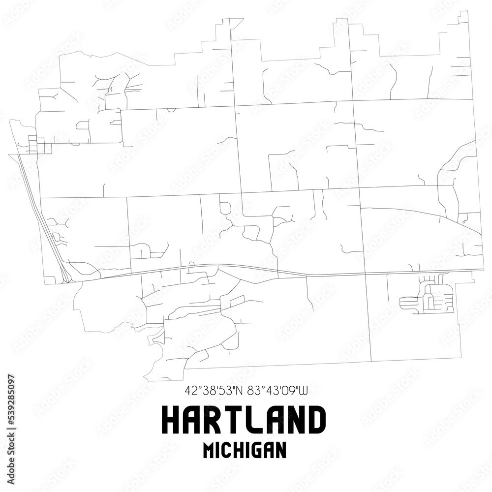 Hartland Michigan. US street map with black and white lines.