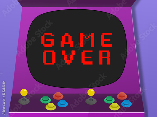 Purple arcade machine, in close up to the screen