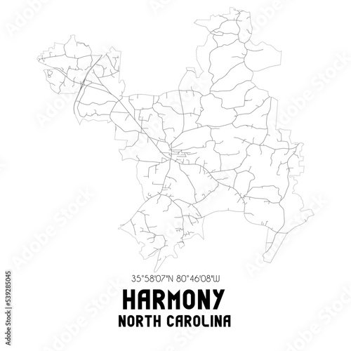 Harmony North Carolina. US street map with black and white lines.