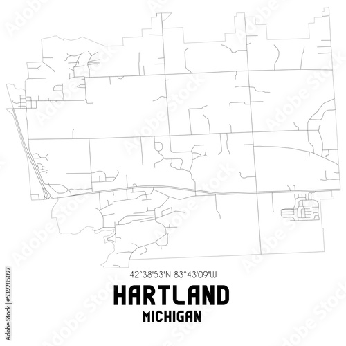 Hartland Michigan. US street map with black and white lines.