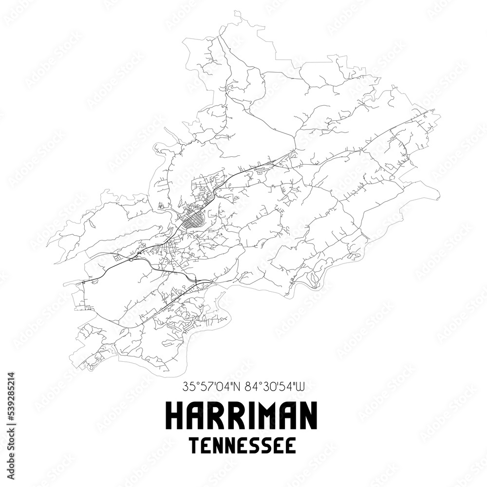 Harriman Tennessee. US street map with black and white lines.