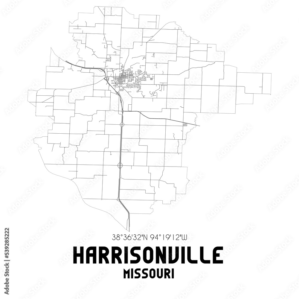 Harrisonville Missouri. US street map with black and white lines.