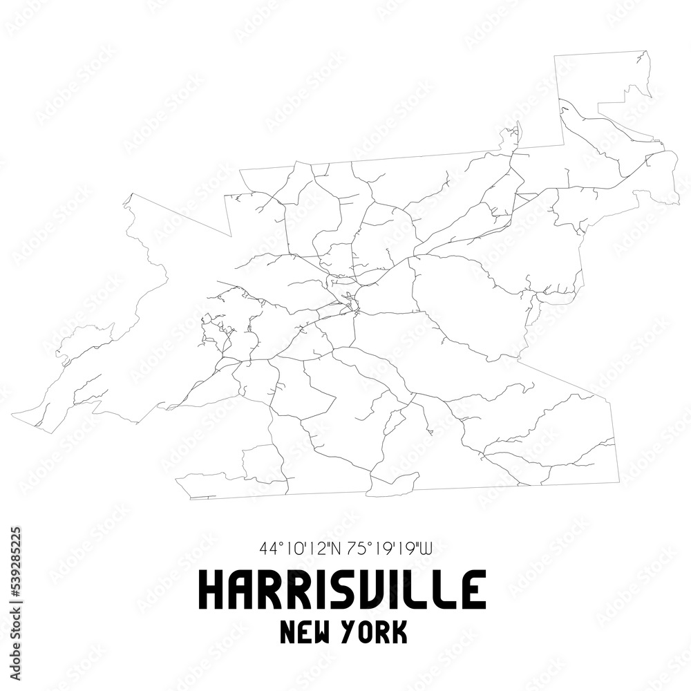 Harrisville New York. US street map with black and white lines.