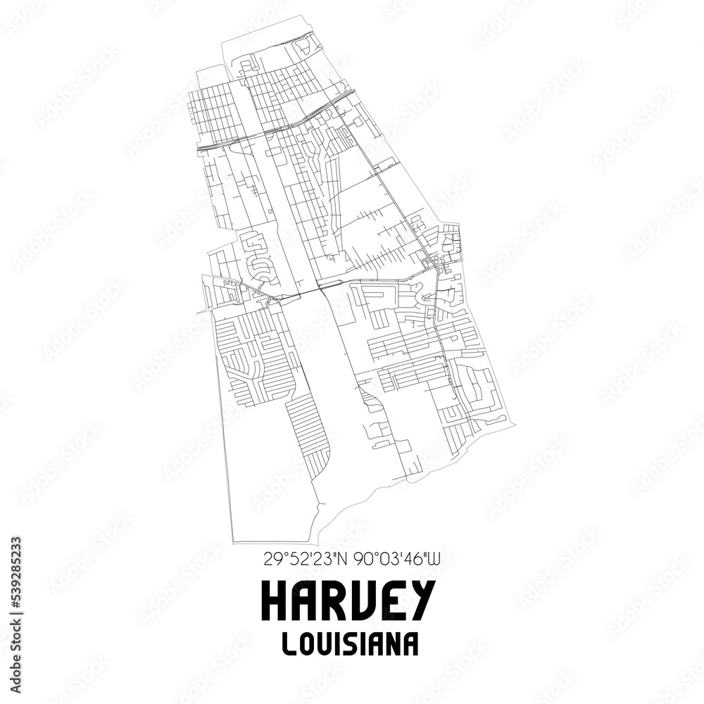 Harvey Louisiana. US street map with black and white lines.