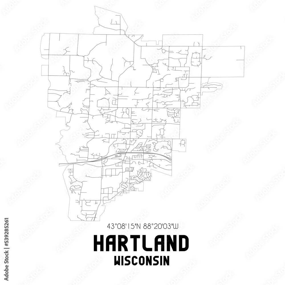 Hartland Wisconsin. US street map with black and white lines.