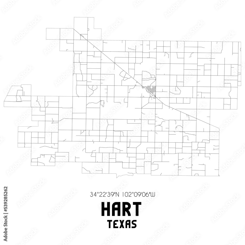 Hart Texas. US street map with black and white lines.