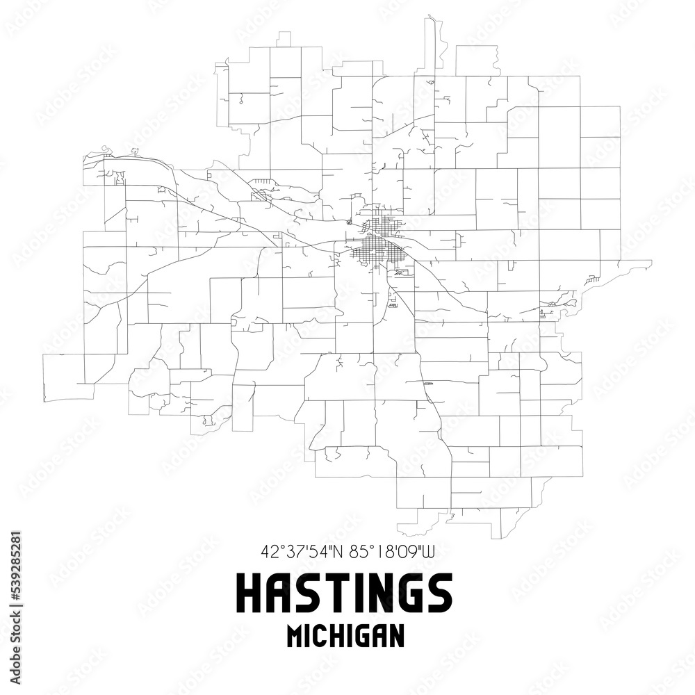 Hastings Michigan. US street map with black and white lines.