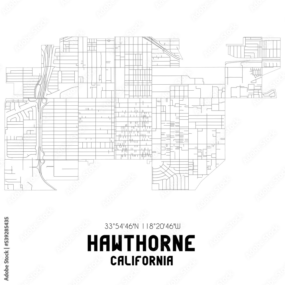 Hawthorne California. US street map with black and white lines.