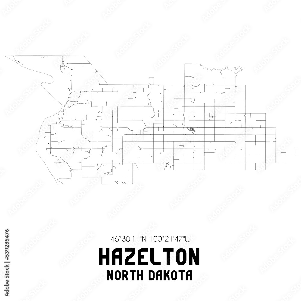 Hazelton North Dakota. US street map with black and white lines.