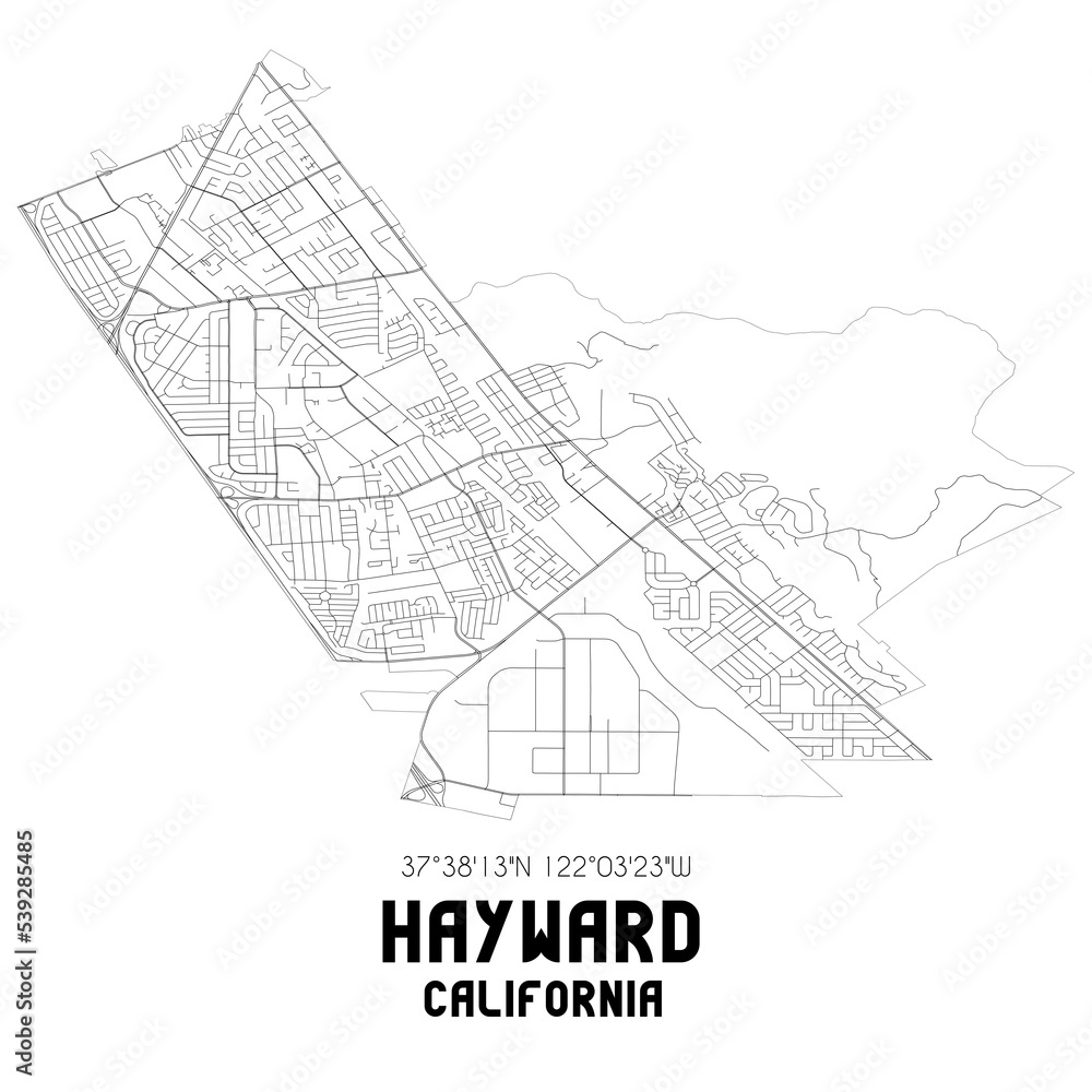 Hayward California. US street map with black and white lines.