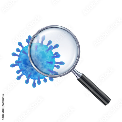 Vector illustration of blue virus cell under the magnifying glass