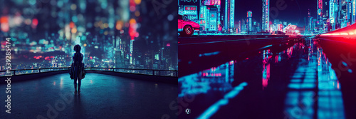 Cyberpunk city  neon lights  lonely girl  light in the night  collection