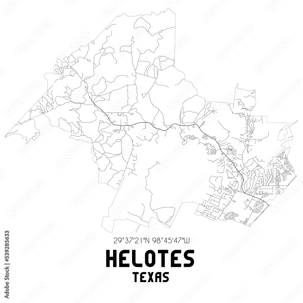 Helotes Texas. US street map with black and white lines.