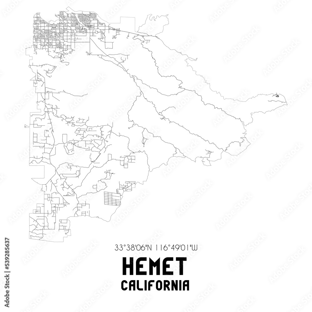 Hemet California. US street map with black and white lines.