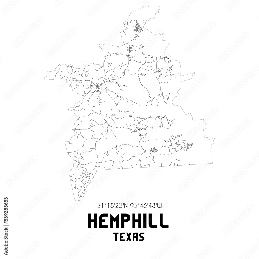 Hemphill Texas. US street map with black and white lines.