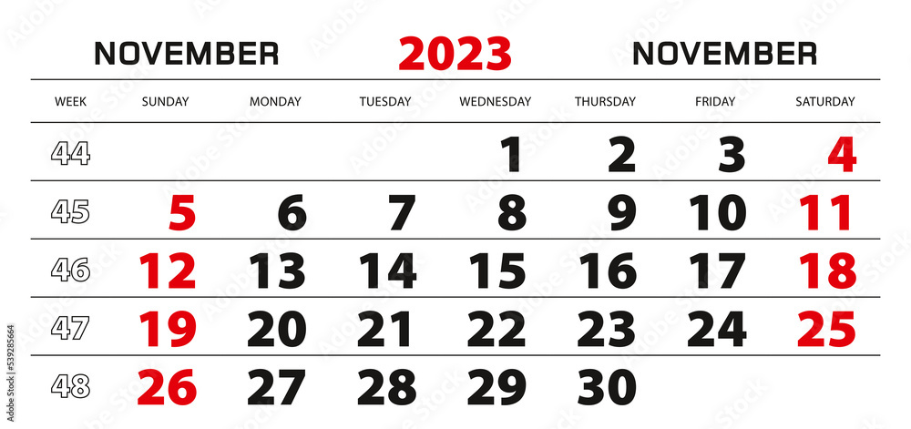 Wall calendar 2023 for november, week start from sunday. Wall calendar 2023 for november, week start from sunday.