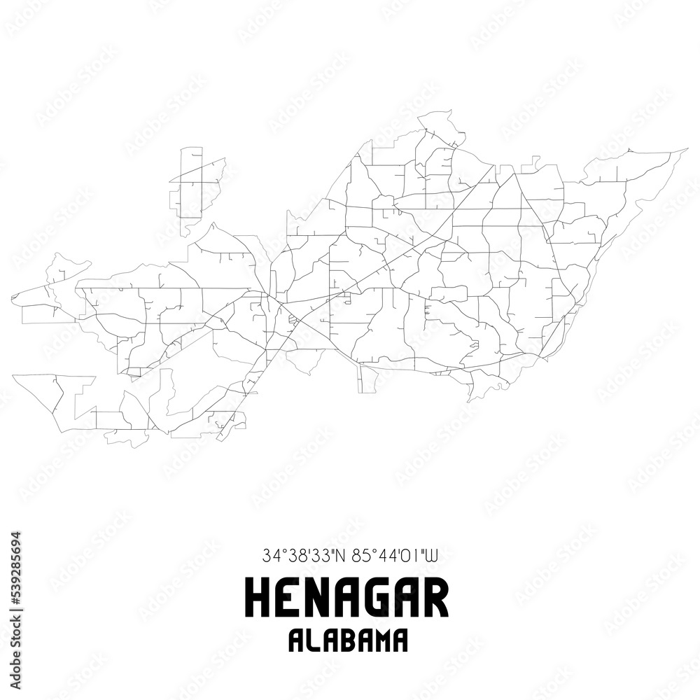 Henagar Alabama. US street map with black and white lines.