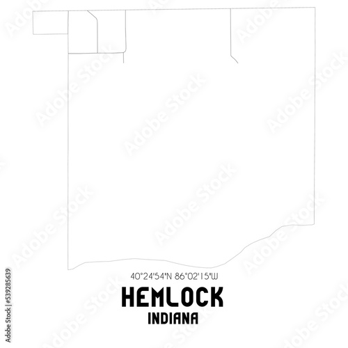 Hemlock Indiana. US street map with black and white lines.