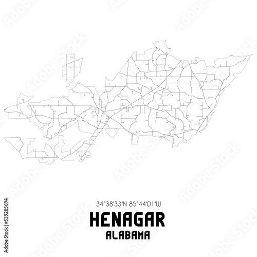 Henagar Alabama. US street map with black and white lines.